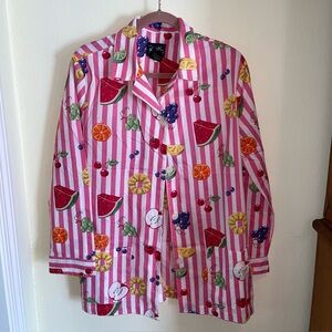 Nick & Nora Women's Pink Fruit Print Striped All Cotton Pajama Top Large cotton